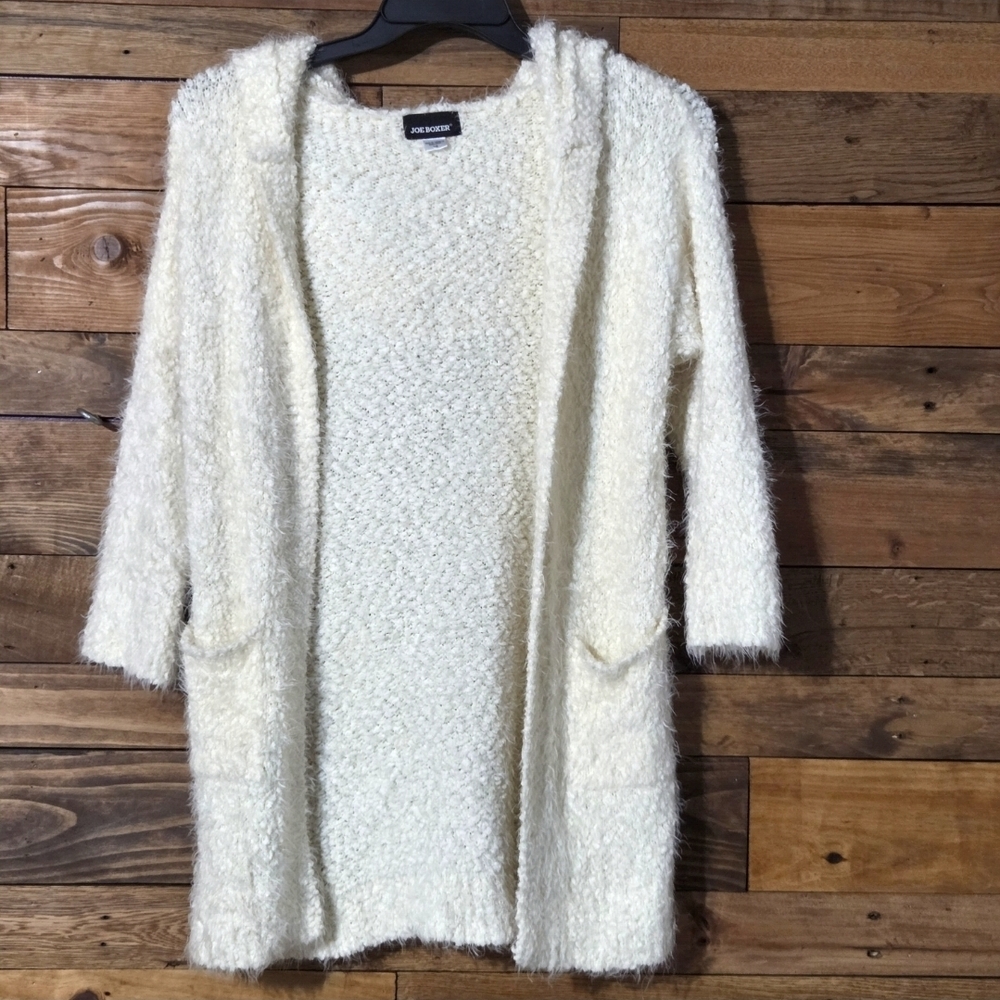Fuzzy Hooded Cardigan Open Front Eyelash Knit Sweater Pockets L Ivory